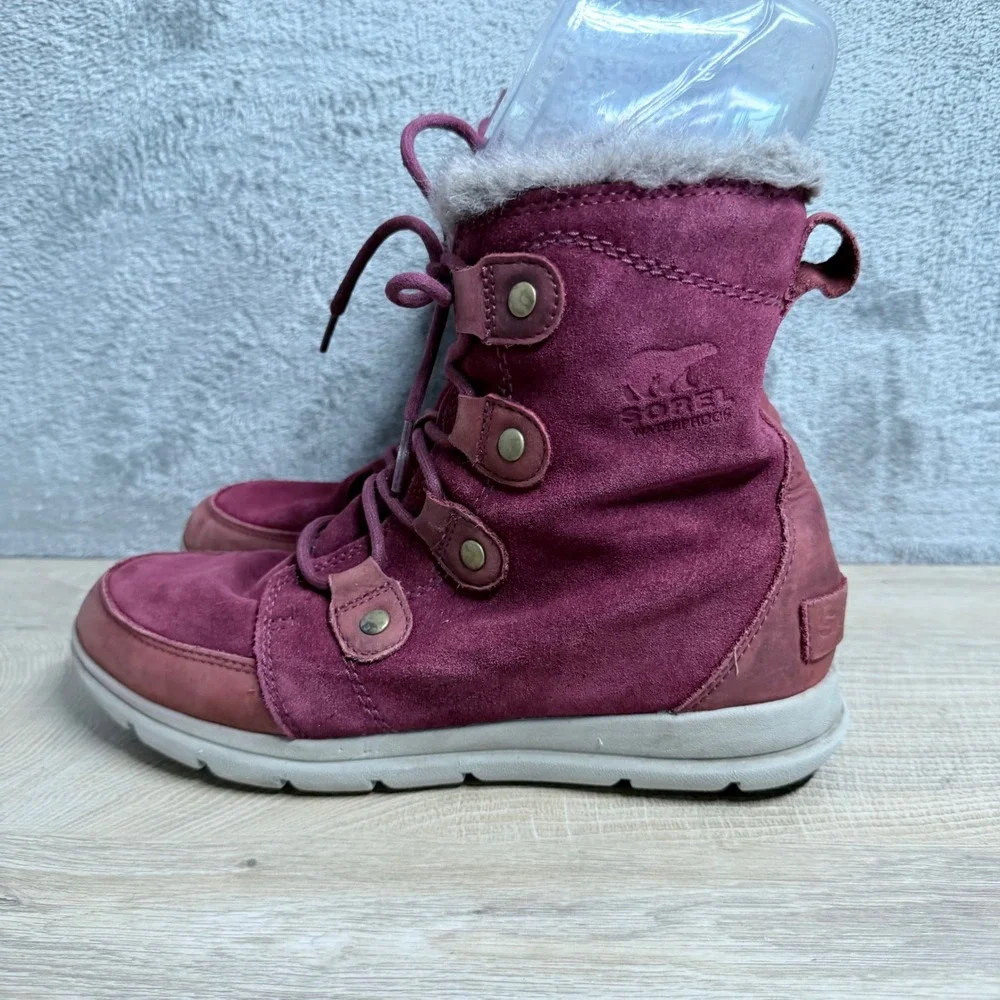 Sorel Explorer Joan Boots Women‎ 10 Burgundy Waterproof Suede Faux Fur Lined